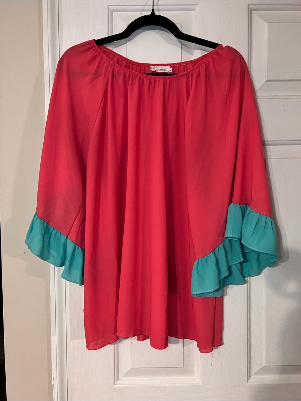 Lady’s World Coral Teal Blouse with 3/4 Length Ruffle Sleeves• Size M